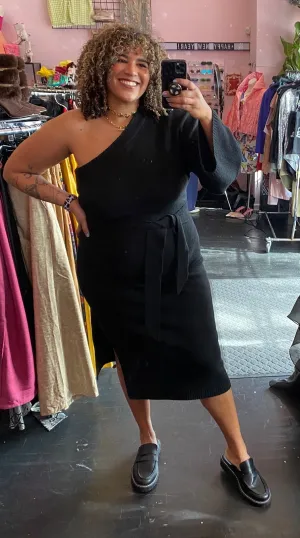 Eloquii Black One-Shoulder Bell Sleeve Sweater Dress with Waist Tie, Size 22/24
