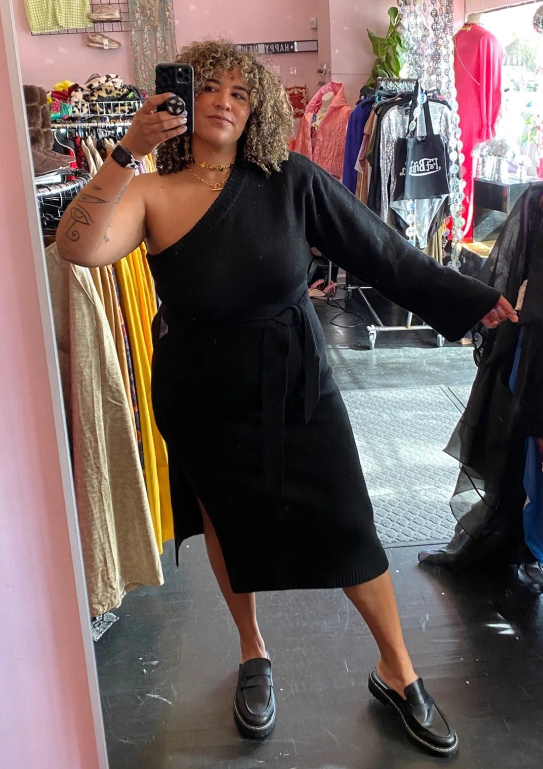 Eloquii Black One-Shoulder Bell Sleeve Sweater Dress with Waist Tie, Size 22/24