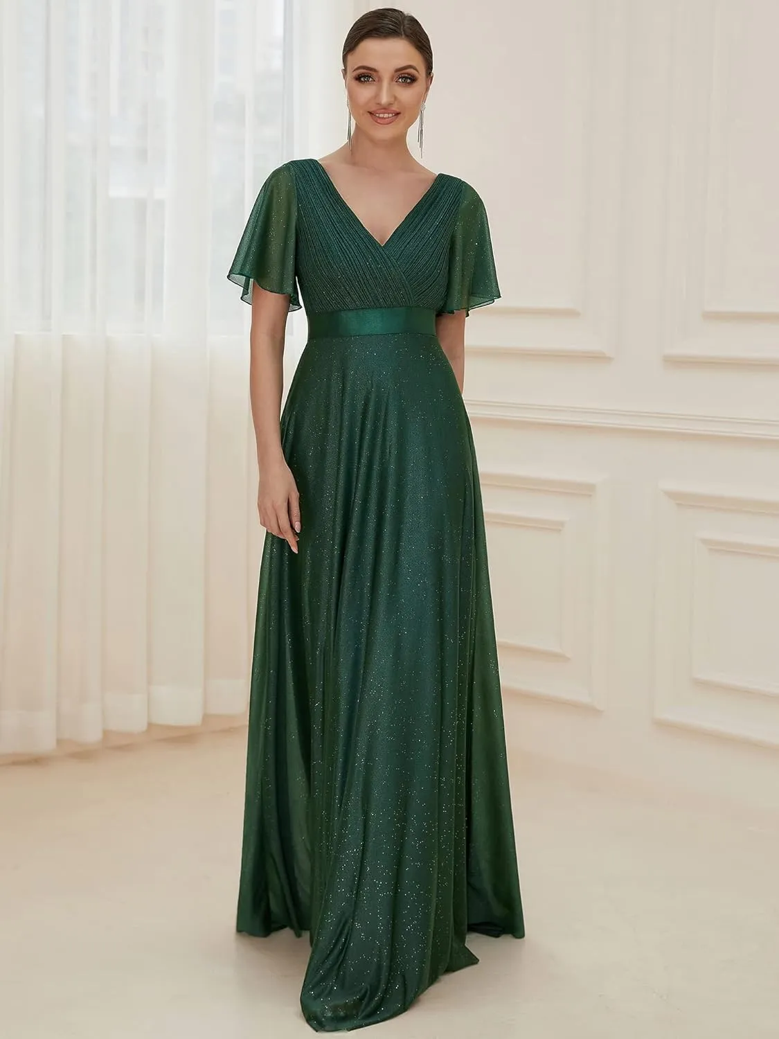 Ever-Pretty Womens Evening Dresses V Neck Short Sleeves A-line Glitter Formal Dresses 50159