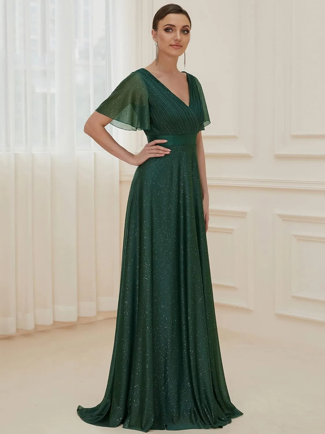 Ever-Pretty Womens Evening Dresses V Neck Short Sleeves A-line Glitter Formal Dresses 50159