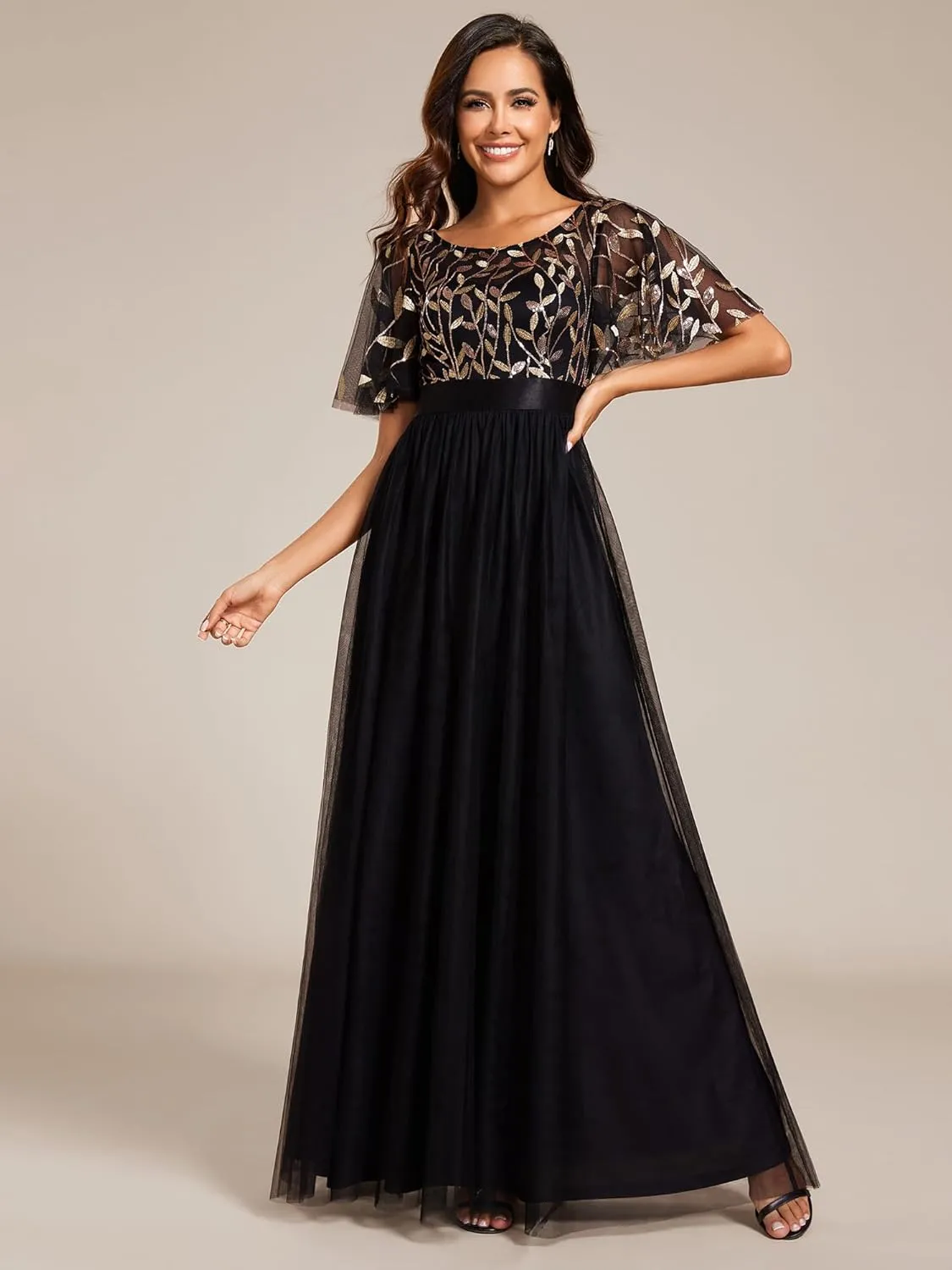 Ever-Pretty Women's Formal Dresses Crew Neck Sequin Ruffle Sleeve Empire Waist Beaded Long Evening Dresses 00904