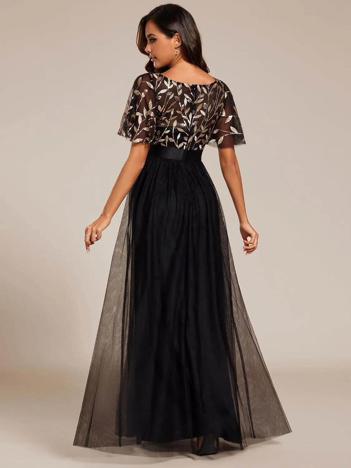 Ever-Pretty Women's Formal Dresses Crew Neck Sequin Ruffle Sleeve Empire Waist Beaded Long Evening Dresses 00904