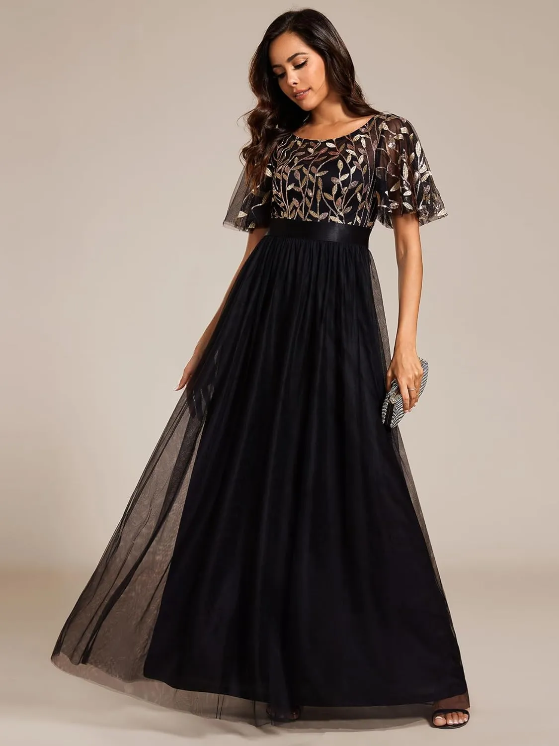 Ever-Pretty Women's Formal Dresses Crew Neck Sequin Ruffle Sleeve Empire Waist Beaded Long Evening Dresses 00904