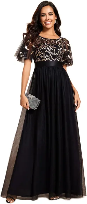 Ever-Pretty Women's Formal Dresses Crew Neck Sequin Ruffle Sleeve Empire Waist Beaded Long Evening Dresses 00904