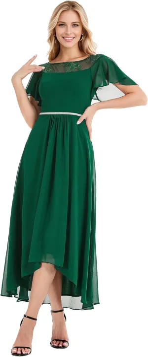 Ever-Pretty Women's Ruffles Sleeve Bridesmaid Dress High Low Beaded Chiffon Midi Mother of The Bride Dresses 00465