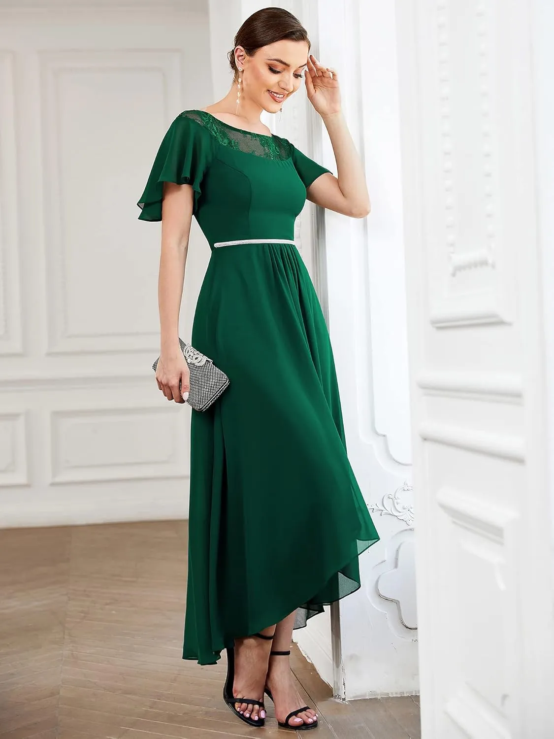 Ever-Pretty Women's Ruffles Sleeve Bridesmaid Dress High Low Beaded Chiffon Midi Mother of The Bride Dresses 00465