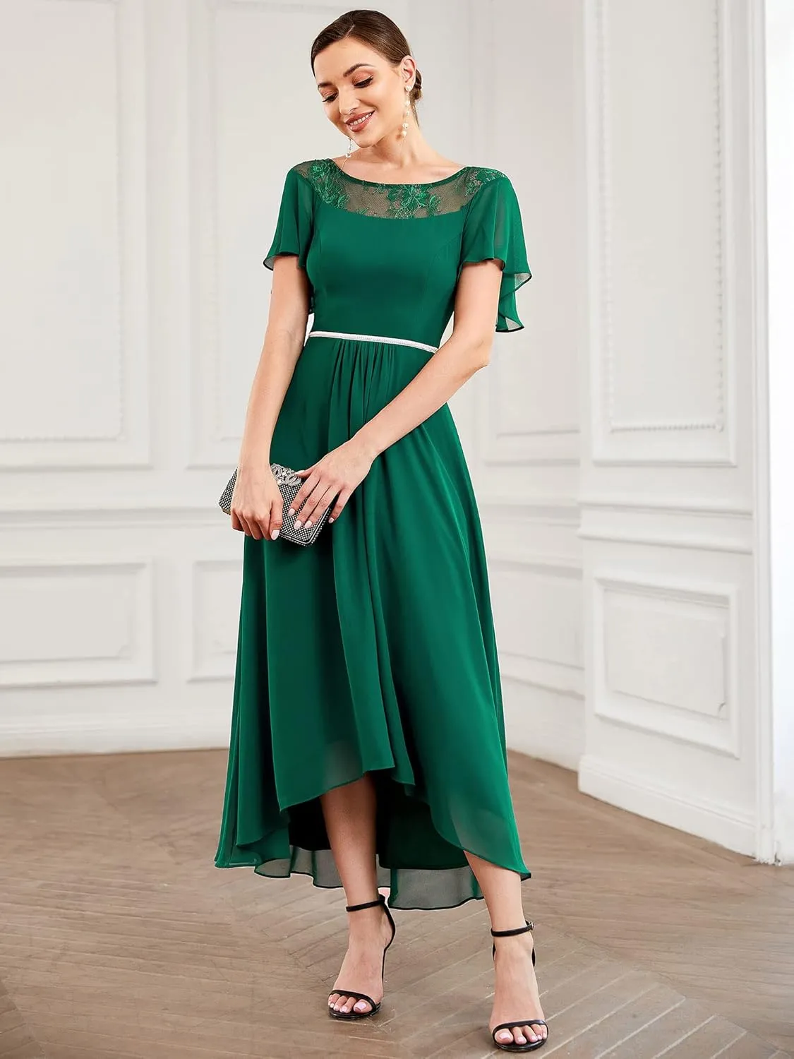 Ever-Pretty Women's Ruffles Sleeve Bridesmaid Dress High Low Beaded Chiffon Midi Mother of The Bride Dresses 00465