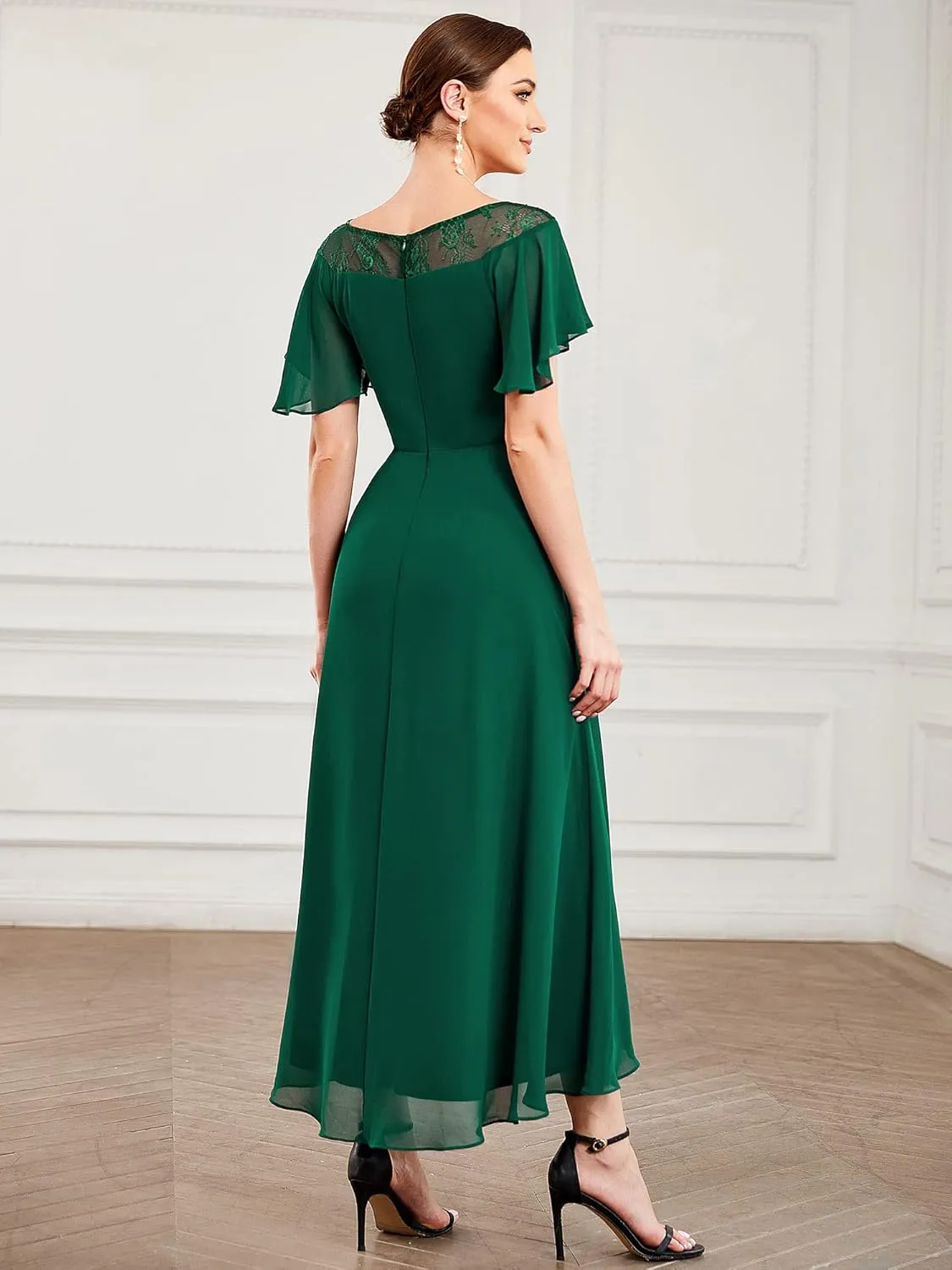 Ever-Pretty Women's Ruffles Sleeve Bridesmaid Dress High Low Beaded Chiffon Midi Mother of The Bride Dresses 00465