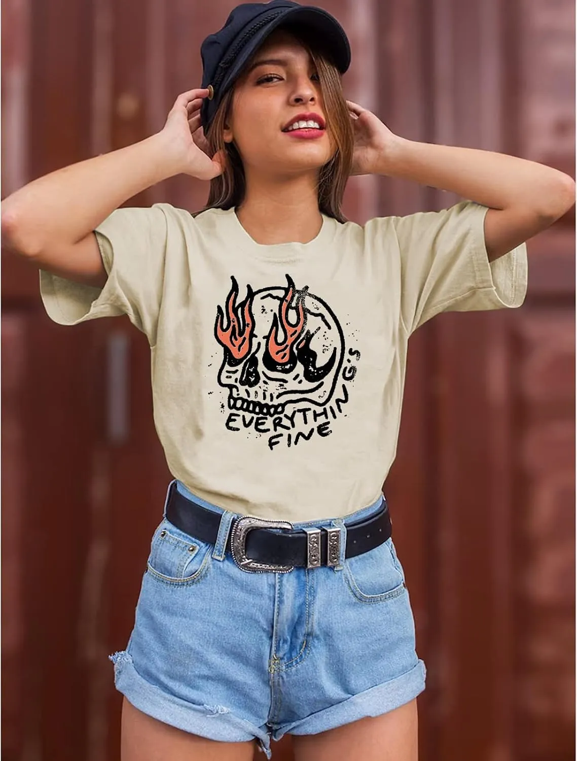 Everything is Fine Shirt for Women Boho Gothic Skull Graphic T Shirt Retro Skeleton Short Sleeve Tee Top
