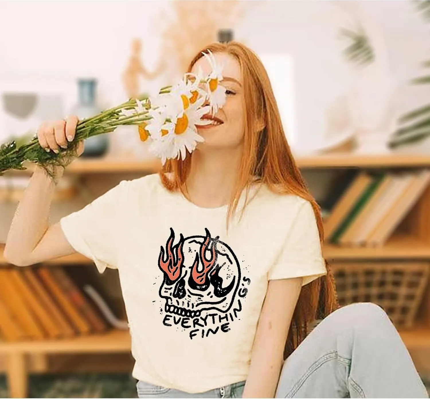 Everything is Fine Shirt for Women Boho Gothic Skull Graphic T Shirt Retro Skeleton Short Sleeve Tee Top