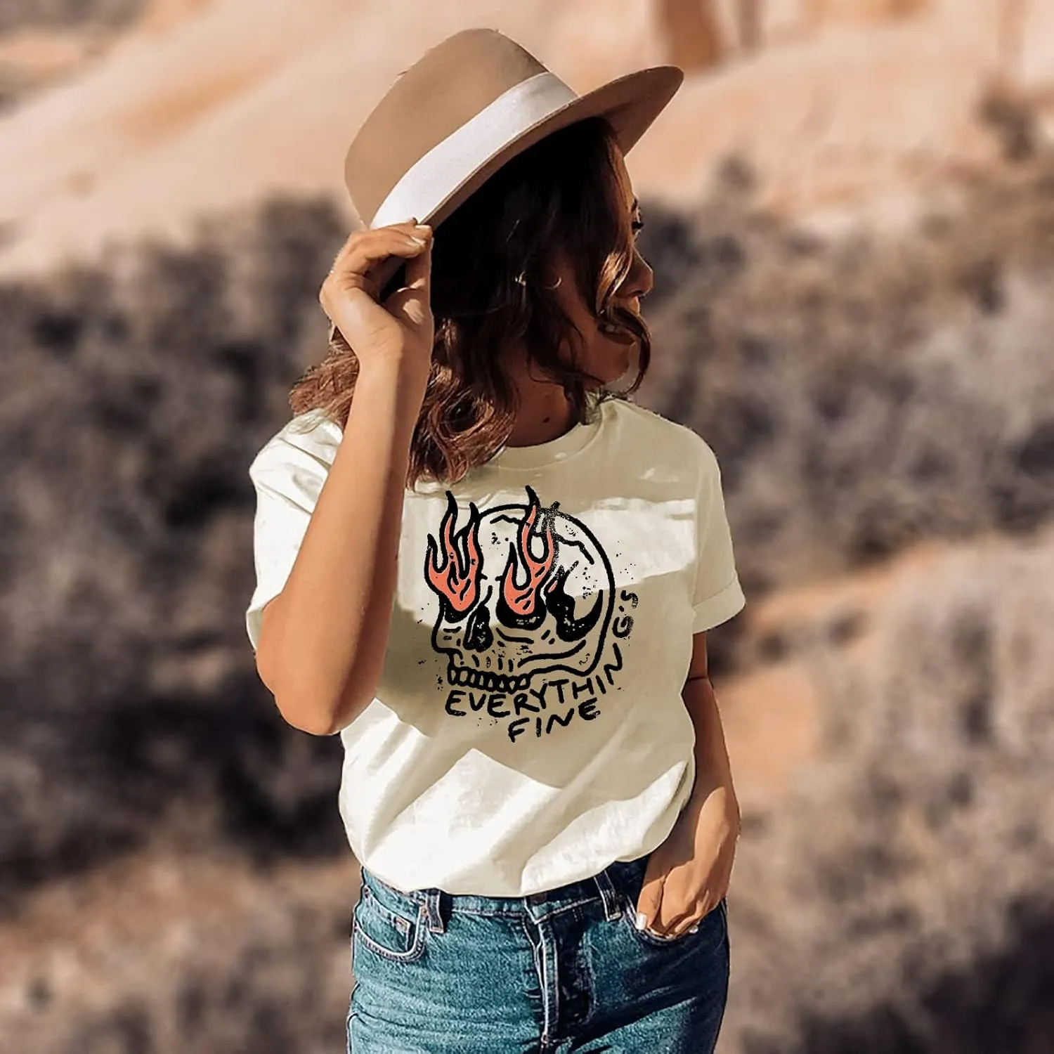 Everything is Fine Shirt for Women Boho Gothic Skull Graphic T Shirt Retro Skeleton Short Sleeve Tee Top