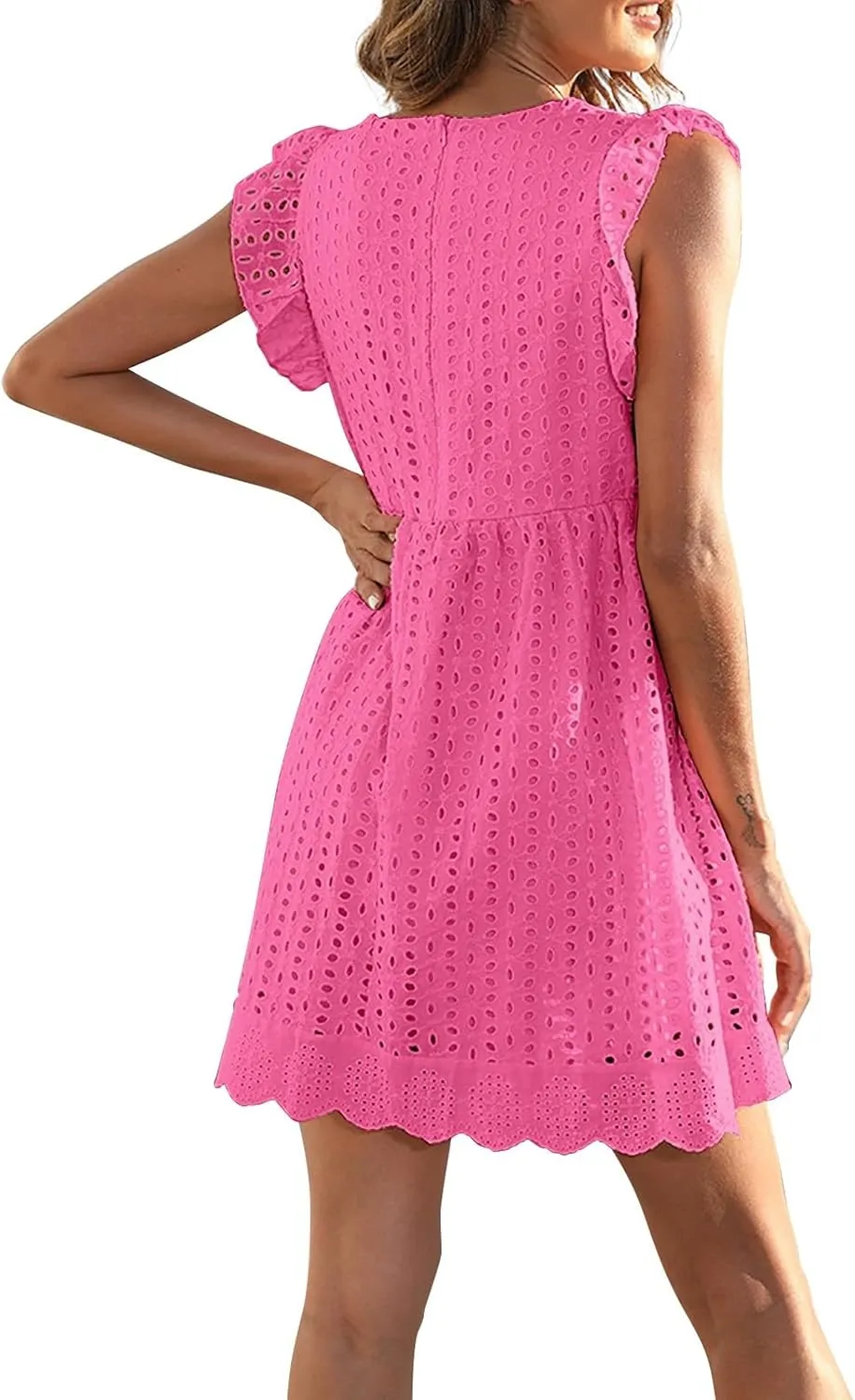 Eyelet Dress for Women 2025 Sleeveless Ruffle Jacquard Lace Cutout Mini Dresses V Neck Loose Boho Beach Vacation Sundresses