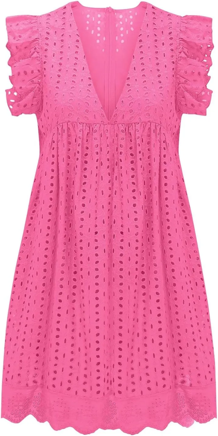 Eyelet Dress for Women 2025 Sleeveless Ruffle Jacquard Lace Cutout Mini Dresses V Neck Loose Boho Beach Vacation Sundresses