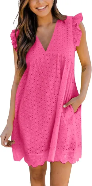 Eyelet Dress for Women 2025 Sleeveless Ruffle Jacquard Lace Cutout Mini Dresses V Neck Loose Boho Beach Vacation Sundresses