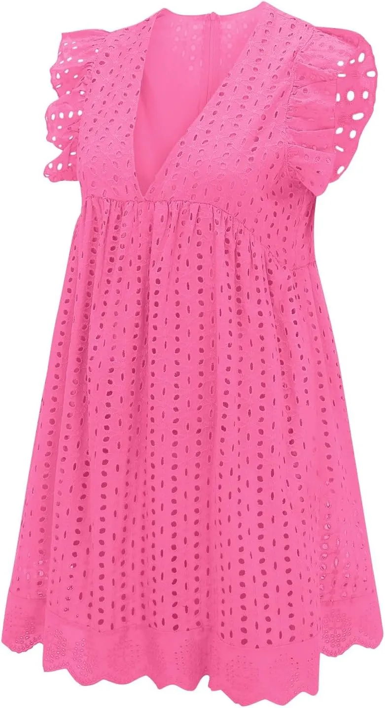 Eyelet Dress for Women 2025 Sleeveless Ruffle Jacquard Lace Cutout Mini Dresses V Neck Loose Boho Beach Vacation Sundresses
