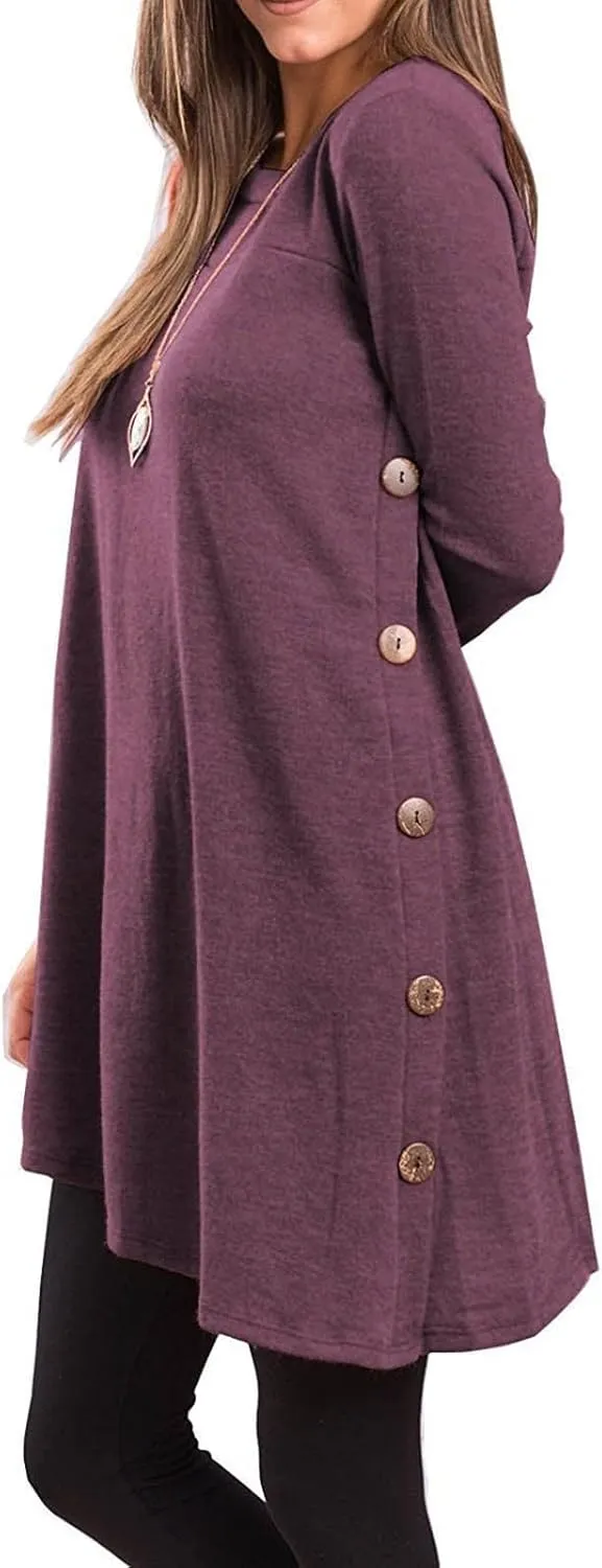 Fall Dresses for Women 2022, Women's Long Sleeve Scoop Neck Button Side t Shirt Casual Swing Loose Fit Tunic Dress