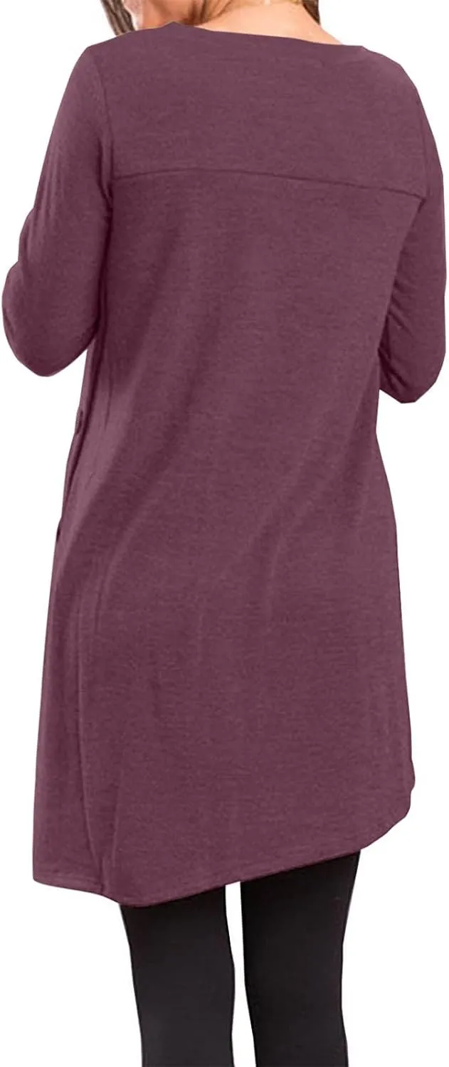 Fall Dresses for Women 2022, Women's Long Sleeve Scoop Neck Button Side t Shirt Casual Swing Loose Fit Tunic Dress