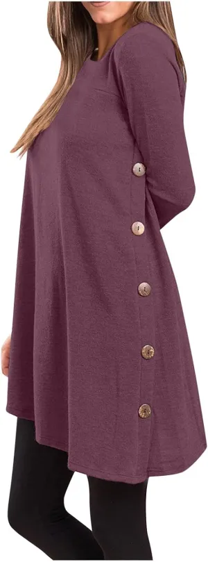 Fall Dresses for Women 2022, Women's Long Sleeve Scoop Neck Button Side t Shirt Casual Swing Loose Fit Tunic Dress