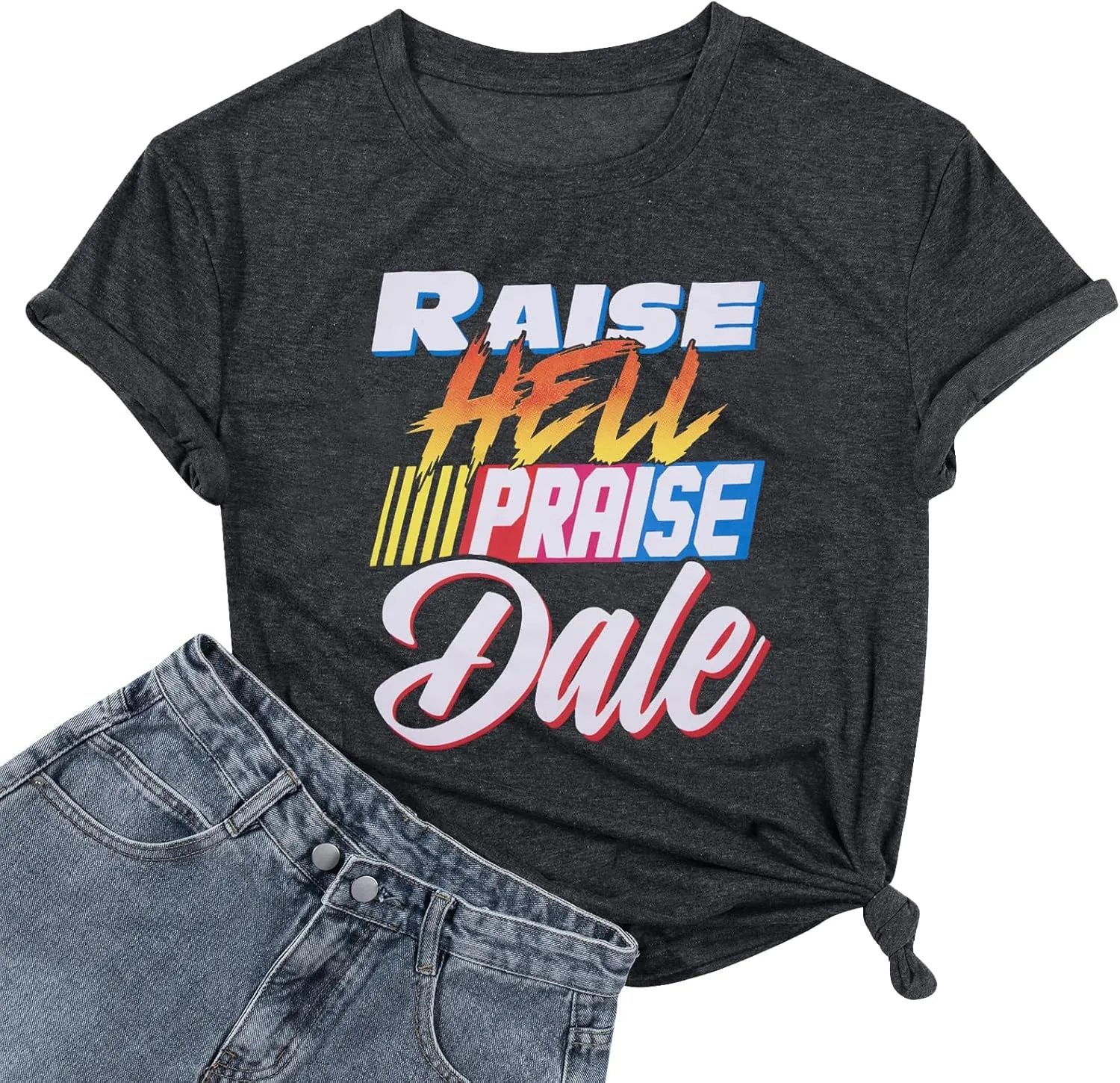 FASHGL Raise Hell Praise Dale Shirt Women Racing T-Shirt Vintage Tee Race Day Casual Short Sleeve Tops
