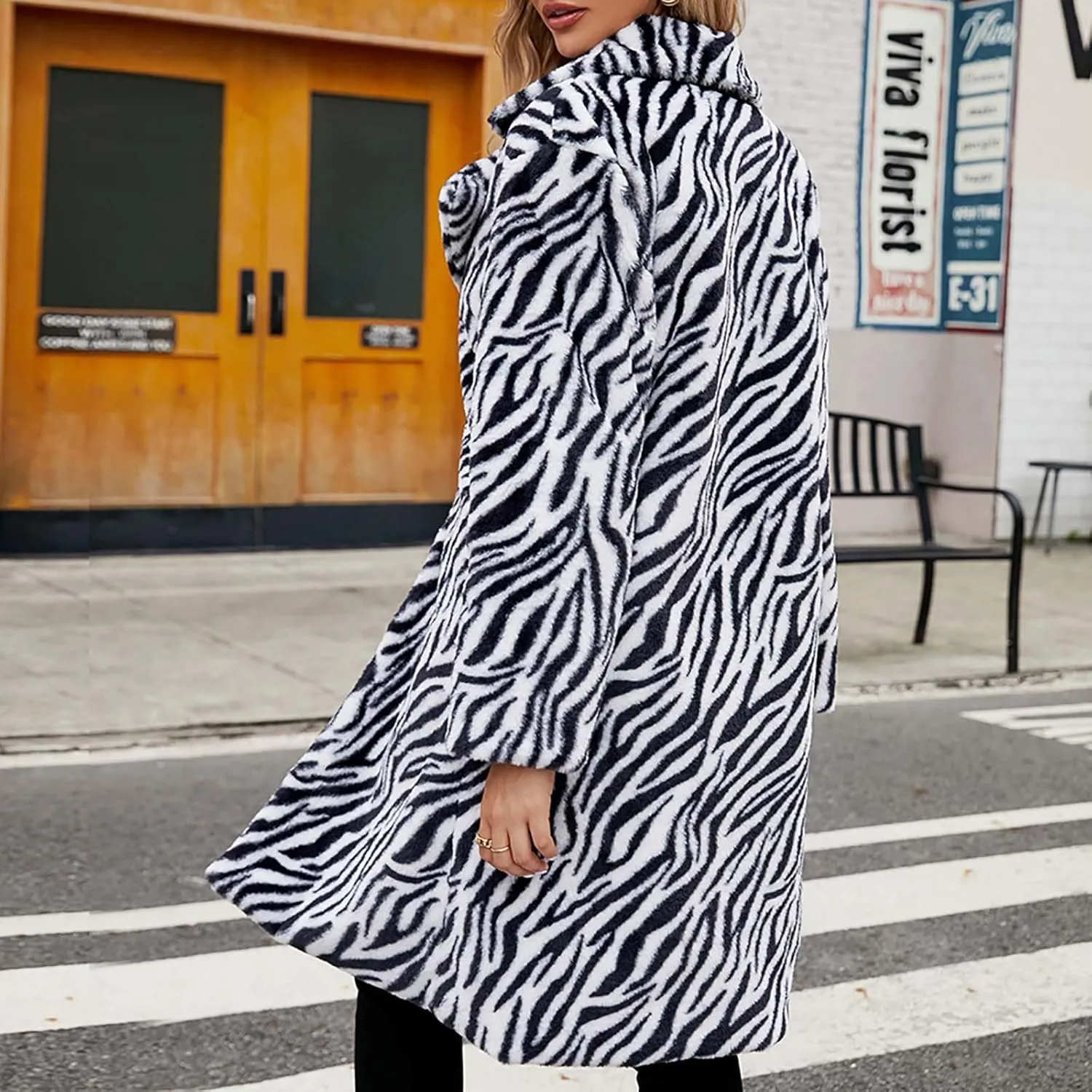 Faux Fur Winter Coats for Women Zebra Print Warm Outerwear Mid-Long Furry Overcoat Open Front Cardigan Jackets