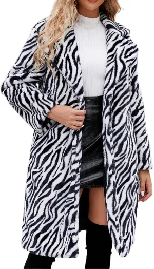 Faux Fur Winter Coats for Women Zebra Print Warm Outerwear Mid-Long Furry Overcoat Open Front Cardigan Jackets