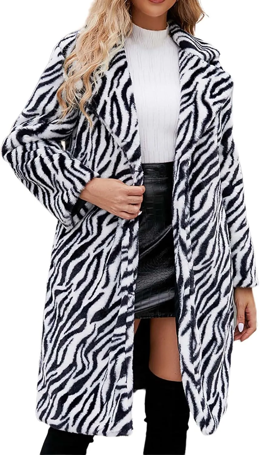 Faux Fur Winter Coats for Women Zebra Print Warm Outerwear Mid-Long Furry Overcoat Open Front Cardigan Jackets