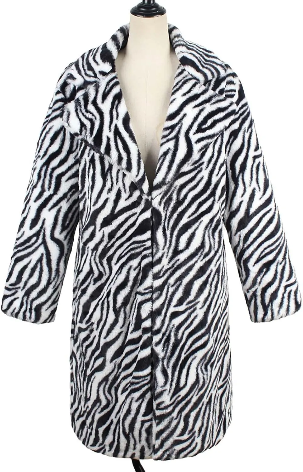 Faux Fur Winter Coats for Women Zebra Print Warm Outerwear Mid-Long Furry Overcoat Open Front Cardigan Jackets