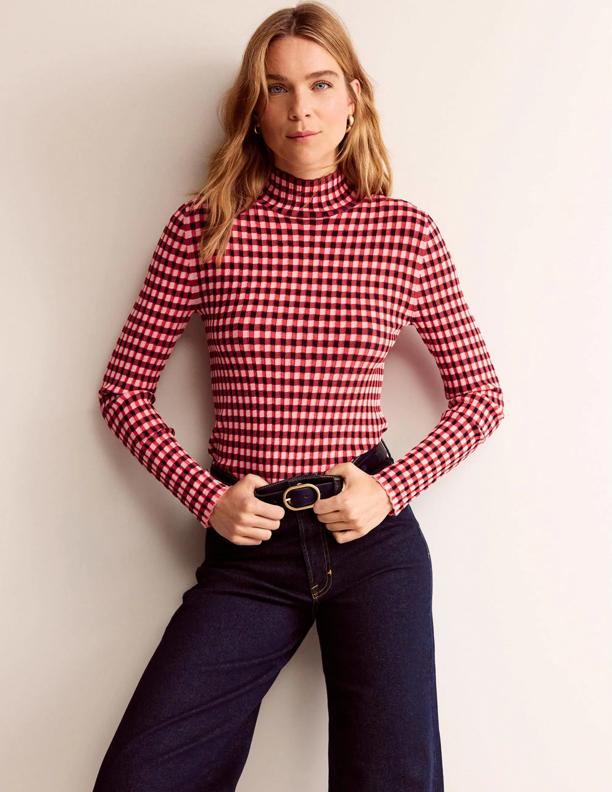 Fitted Check Jumper-Hot Pepper, Marshmallow