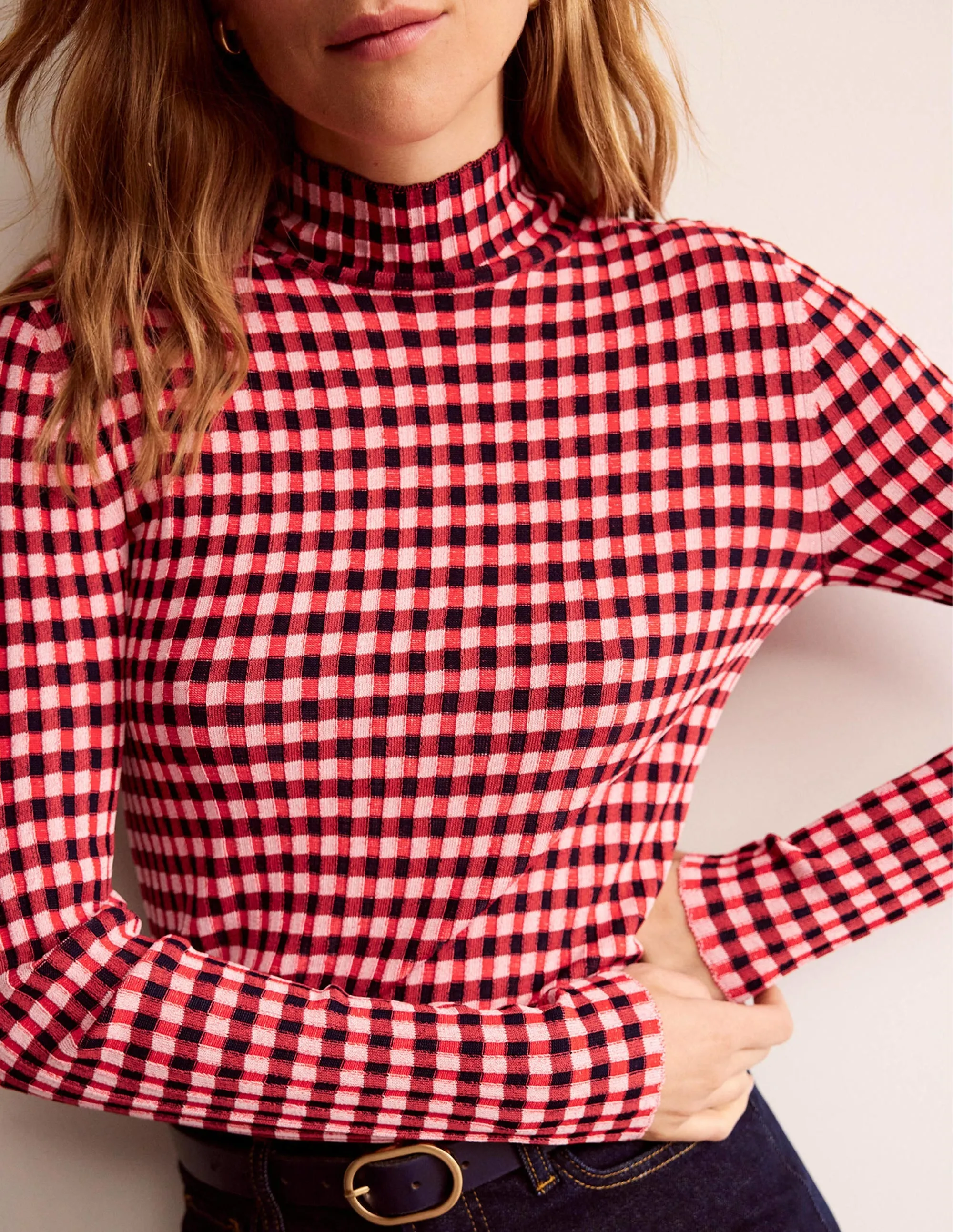 Fitted Check Jumper-Hot Pepper, Marshmallow