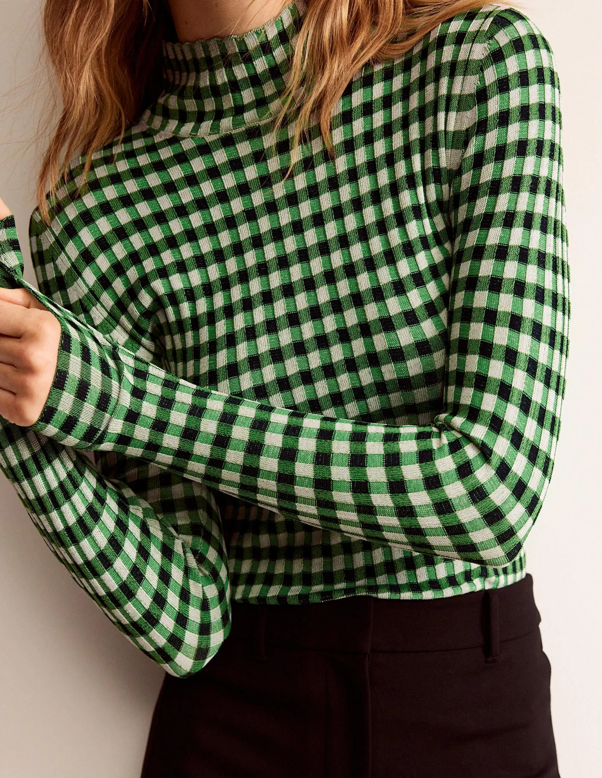 Fitted Check Jumper-Navy, Bright Green