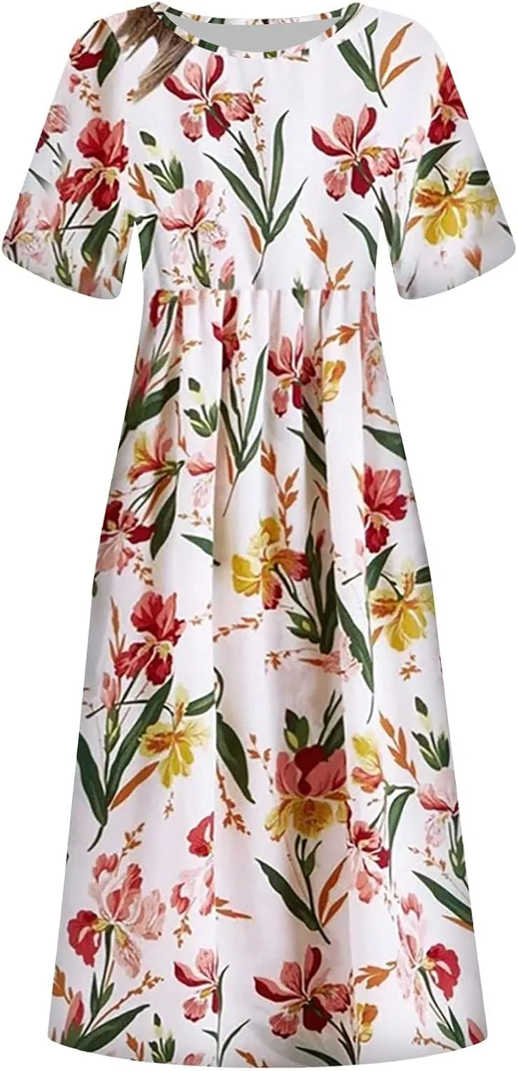 FlekmanArt Dresses for Women 2025 Short Sleeve Pocket Dresses Pleated Printed Beach Dress Round Neck Loose Maxi Dress