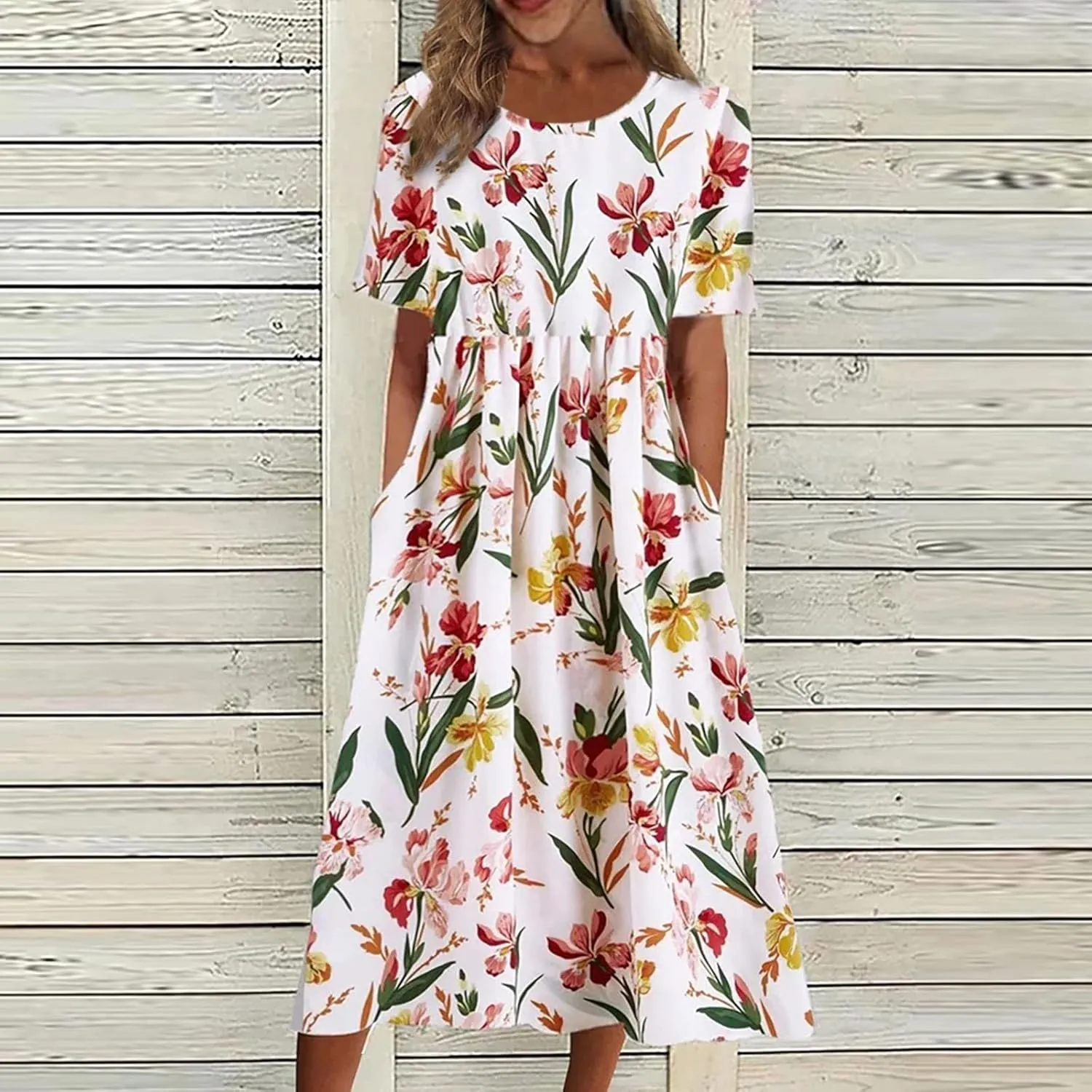 FlekmanArt Dresses for Women 2025 Short Sleeve Pocket Dresses Pleated Printed Beach Dress Round Neck Loose Maxi Dress