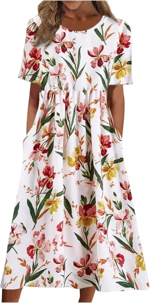 FlekmanArt Dresses for Women 2025 Short Sleeve Pocket Dresses Pleated Printed Beach Dress Round Neck Loose Maxi Dress