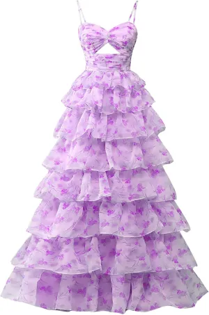 Floral Prom Dresses for Women 2025 Long Ball Gown Tiered Ruffle Chiffon Formal Evening Gown