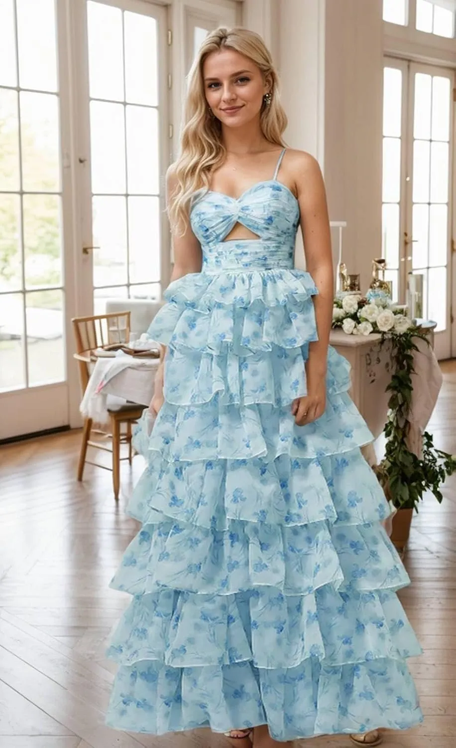 Floral Prom Dresses for Women 2025 Long Ball Gown Tiered Ruffle Chiffon Formal Evening Gown