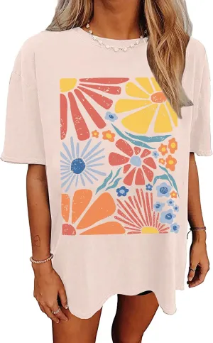 Floral Shirts for Women Oversized Boho Wildflower Graphic T-Shirt Vintage Flower Summer Tee Tops