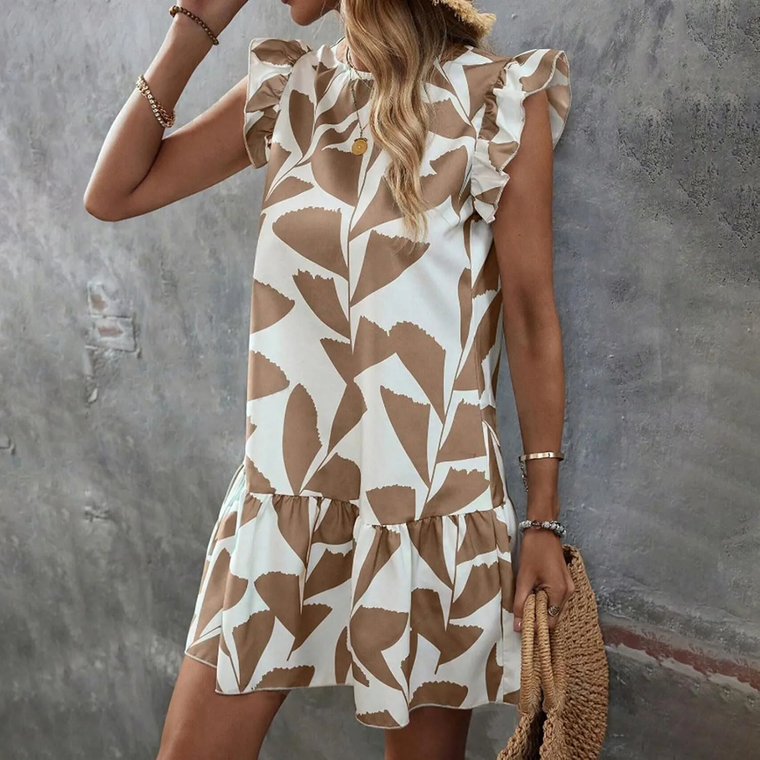 Floral Sundresses for Women 2024 Boho Drawstring V Neck Print Ruffle Sleeves Casual Beach Mini Vacation Sundress