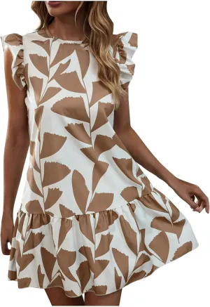 Floral Sundresses for Women 2024 Boho Drawstring V Neck Print Ruffle Sleeves Casual Beach Mini Vacation Sundress