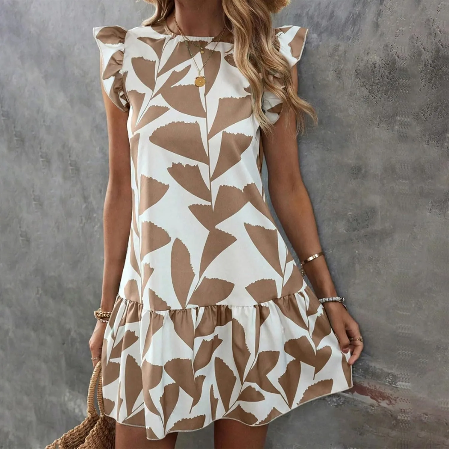 Floral Sundresses for Women 2024 Boho Drawstring V Neck Print Ruffle Sleeves Casual Beach Mini Vacation Sundress