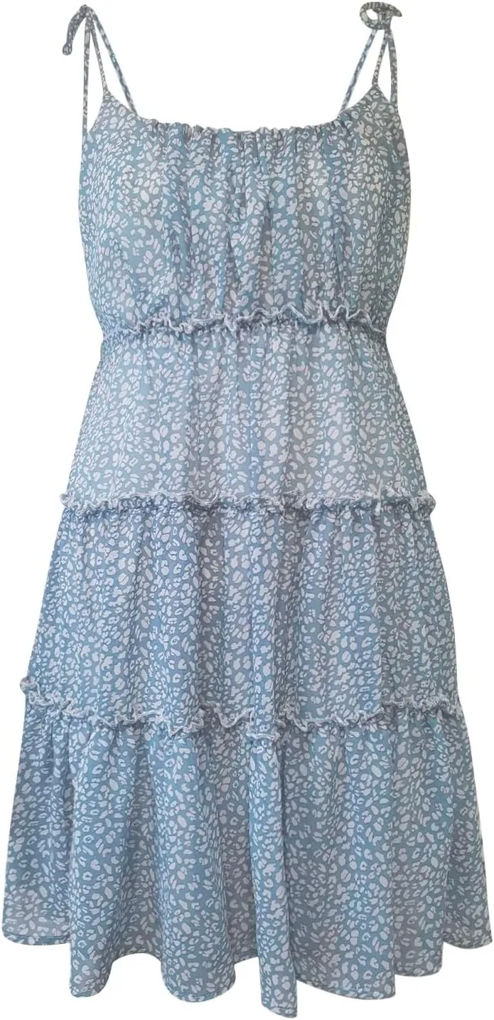 Floral Sundresses for Women 2025 Chiffon Spaghetti Strap Mini Babydoll Dress Casual Summer Tiered Ruffle Dress