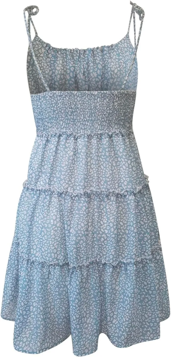 Floral Sundresses for Women 2025 Chiffon Spaghetti Strap Mini Babydoll Dress Casual Summer Tiered Ruffle Dress