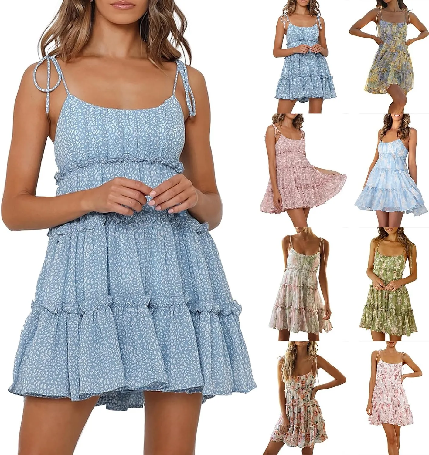 Floral Sundresses for Women 2025 Chiffon Spaghetti Strap Mini Babydoll Dress Casual Summer Tiered Ruffle Dress