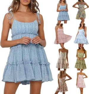 Floral Sundresses for Women 2025 Chiffon Spaghetti Strap Mini Babydoll Dress Casual Summer Tiered Ruffle Dress