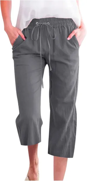 FZYLQY Capri Pants for Womens Casual 2025 Summer Drawstring Elastic High Waist Linen Pants Straight Wide Leg Cropped Trousers