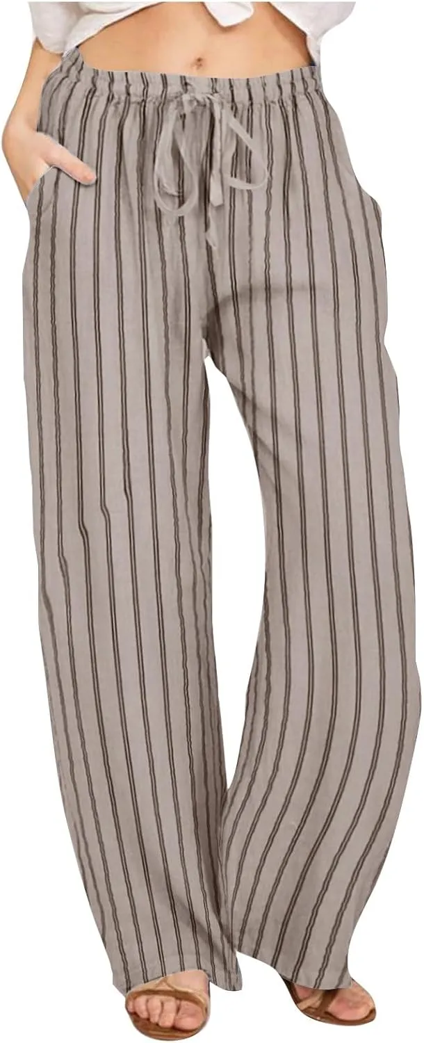 FZYLQY Women's Summer Drawstring Waist Wide Leg Loose Cotton Linen Palazzo Pants 2025 Boho Beach Travel Vacation Outfits
