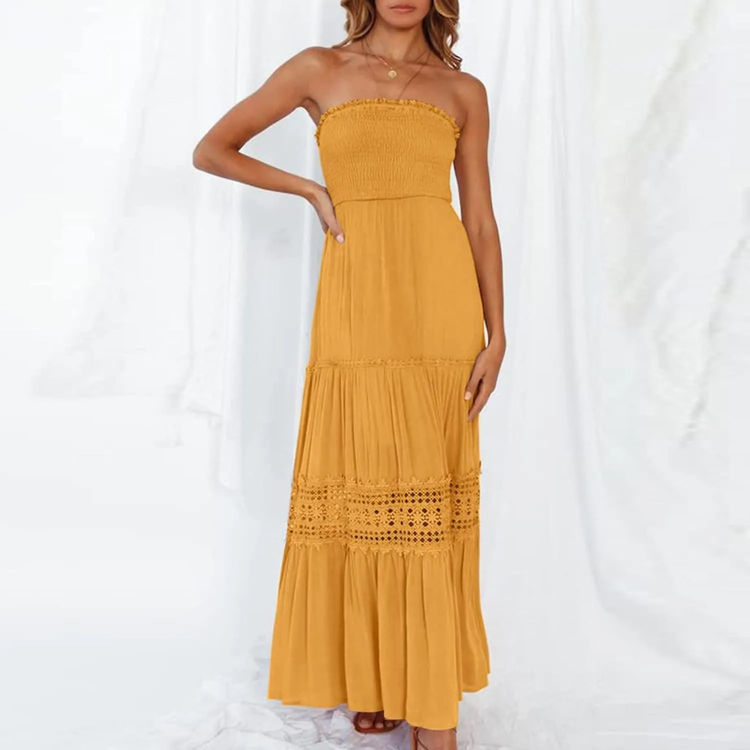 FZYLQY Womens Tube Top Maxi Dress Summer Boho Strapless Casual Flowy Beach Long Sundresses Hollow Ruffle Sexy Smocked Dresses