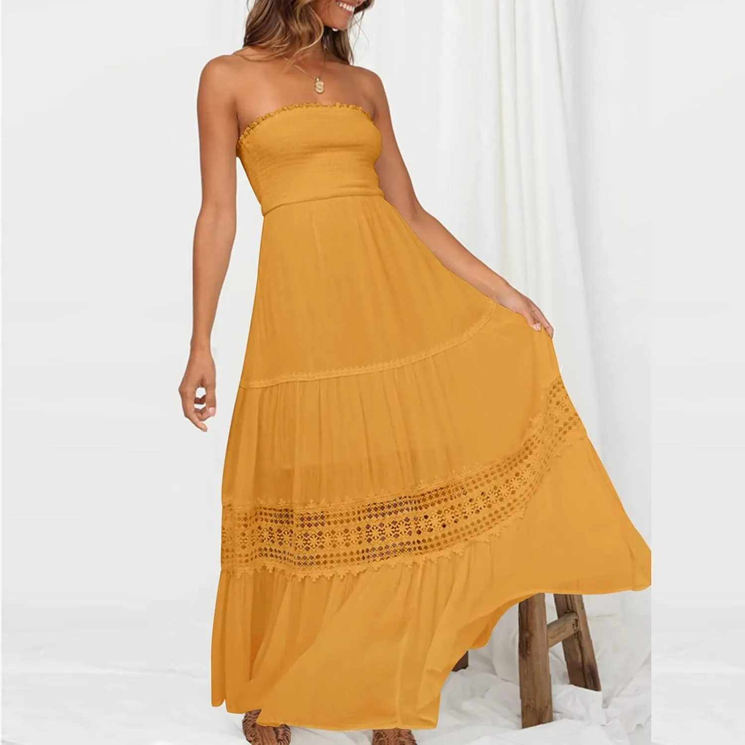 FZYLQY Womens Tube Top Maxi Dress Summer Boho Strapless Casual Flowy Beach Long Sundresses Hollow Ruffle Sexy Smocked Dresses