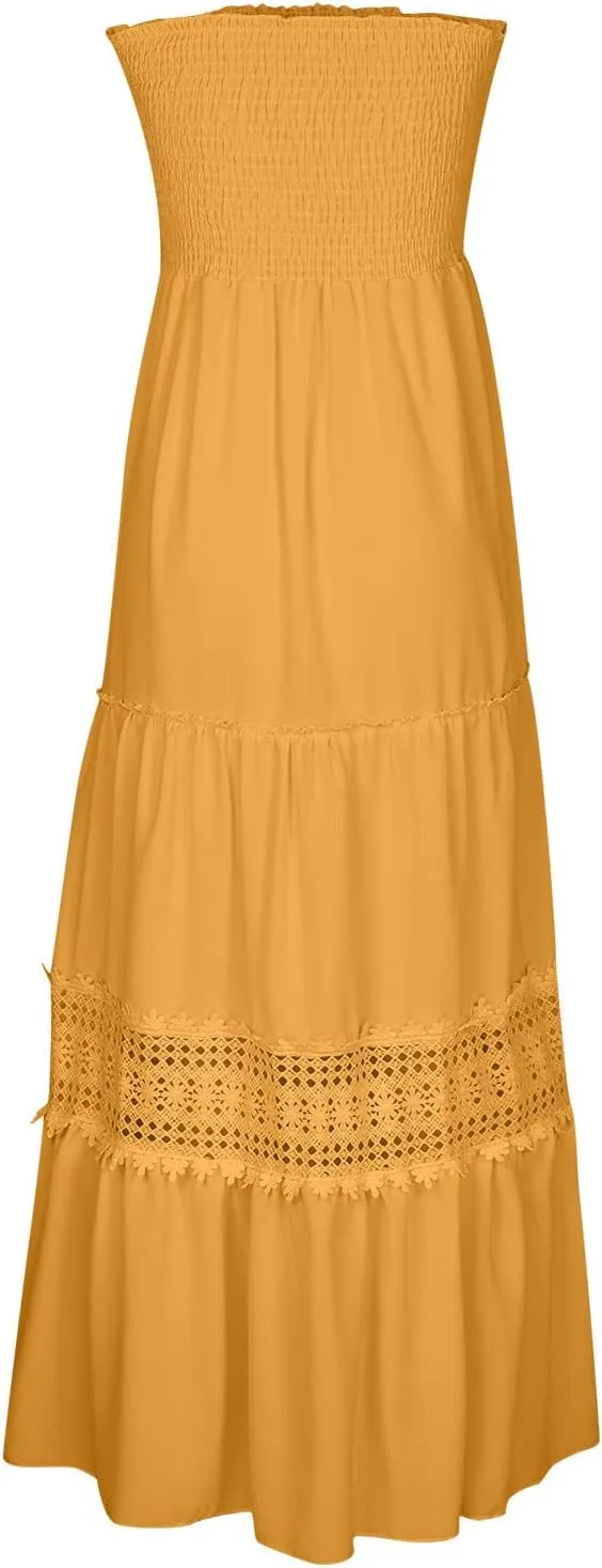 FZYLQY Womens Tube Top Maxi Dress Summer Boho Strapless Casual Flowy Beach Long Sundresses Hollow Ruffle Sexy Smocked Dresses