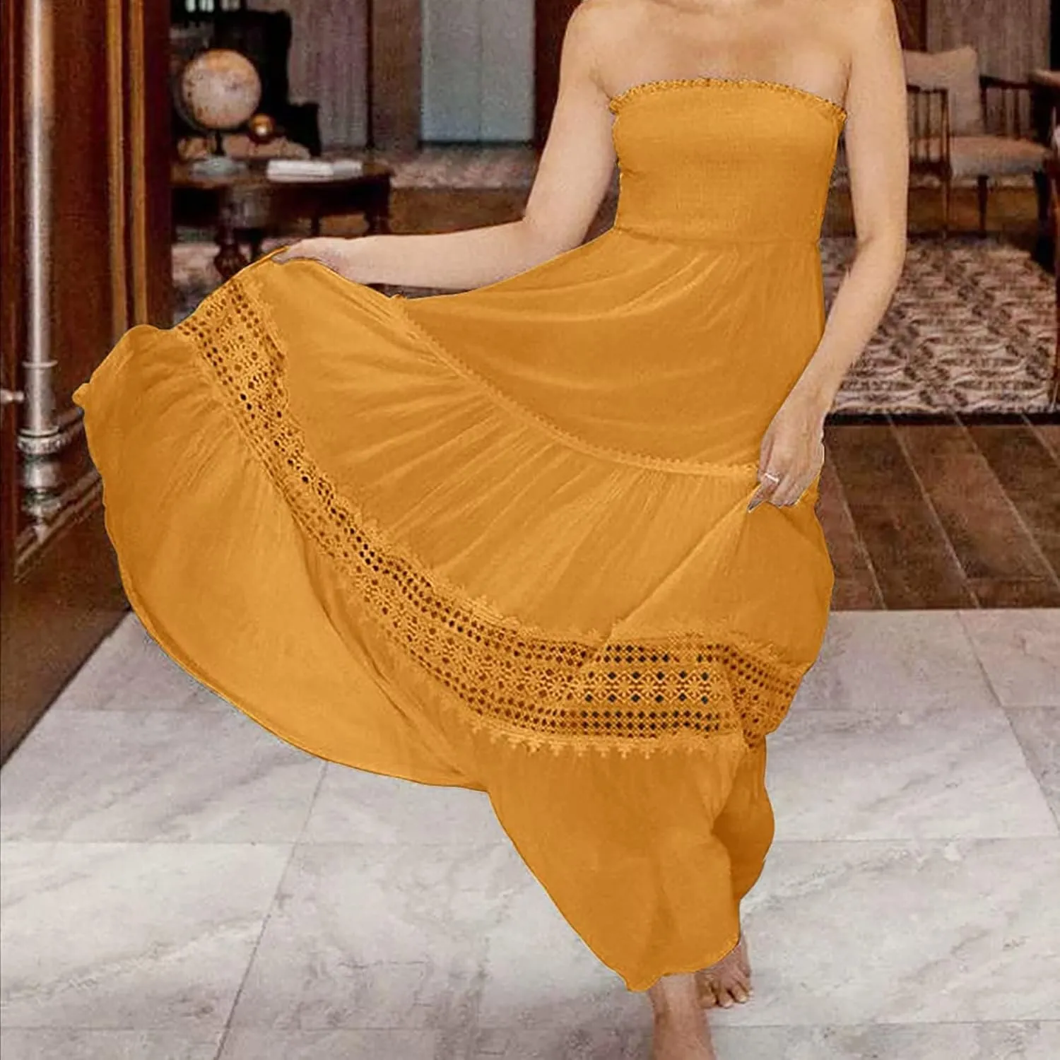 FZYLQY Womens Tube Top Maxi Dress Summer Boho Strapless Casual Flowy Beach Long Sundresses Hollow Ruffle Sexy Smocked Dresses