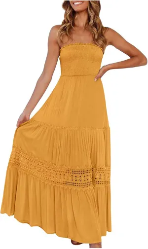 FZYLQY Womens Tube Top Maxi Dress Summer Boho Strapless Casual Flowy Beach Long Sundresses Hollow Ruffle Sexy Smocked Dresses